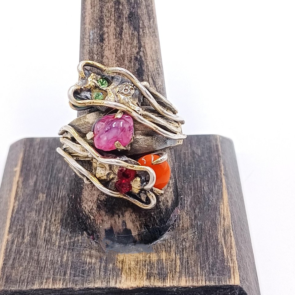 Vintage Chinese Import Double Dragon Sterling Silver Gemstone Ring Size 10.5,