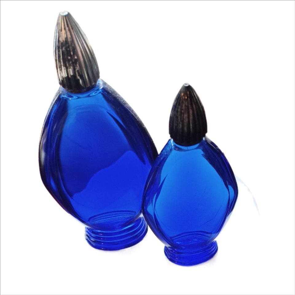 Two Bourjois Cobalt Blue Glass "Evening in Paris" Perfume Bottles with Lids, Vintage