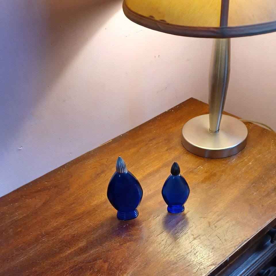 Two Bourjois Cobalt Blue Glass "Evening in Paris" Perfume Bottles with Lids, Vintage