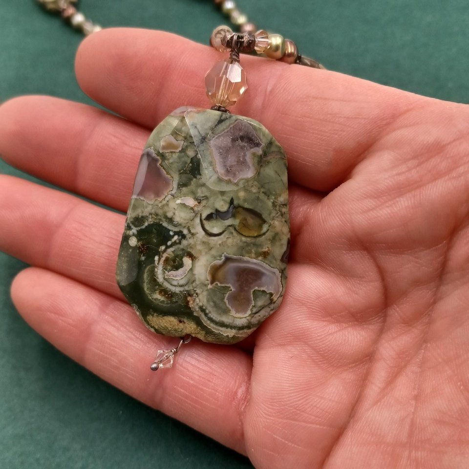 Gorgeous Rhyolite Natural Gemstone Pendant Beaded Necklace, Rainforest Jasper