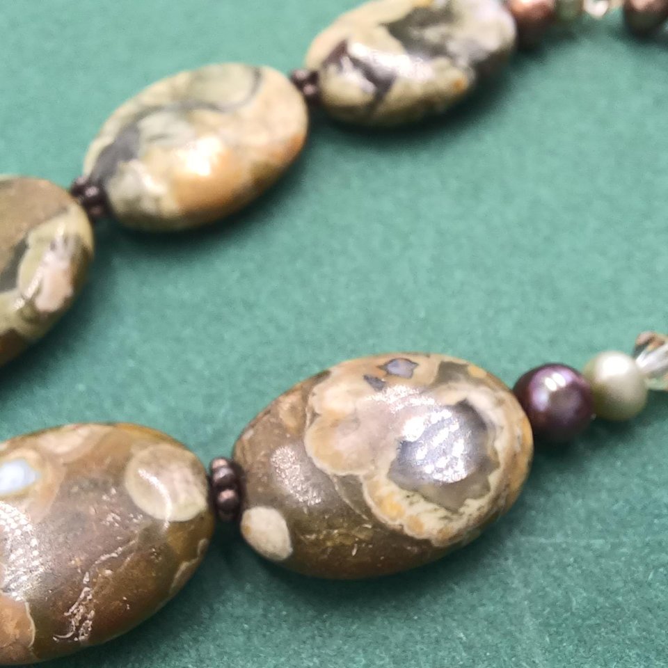 Gorgeous Rhyolite Natural Gemstone Pendant Beaded Necklace, Rainforest Jasper