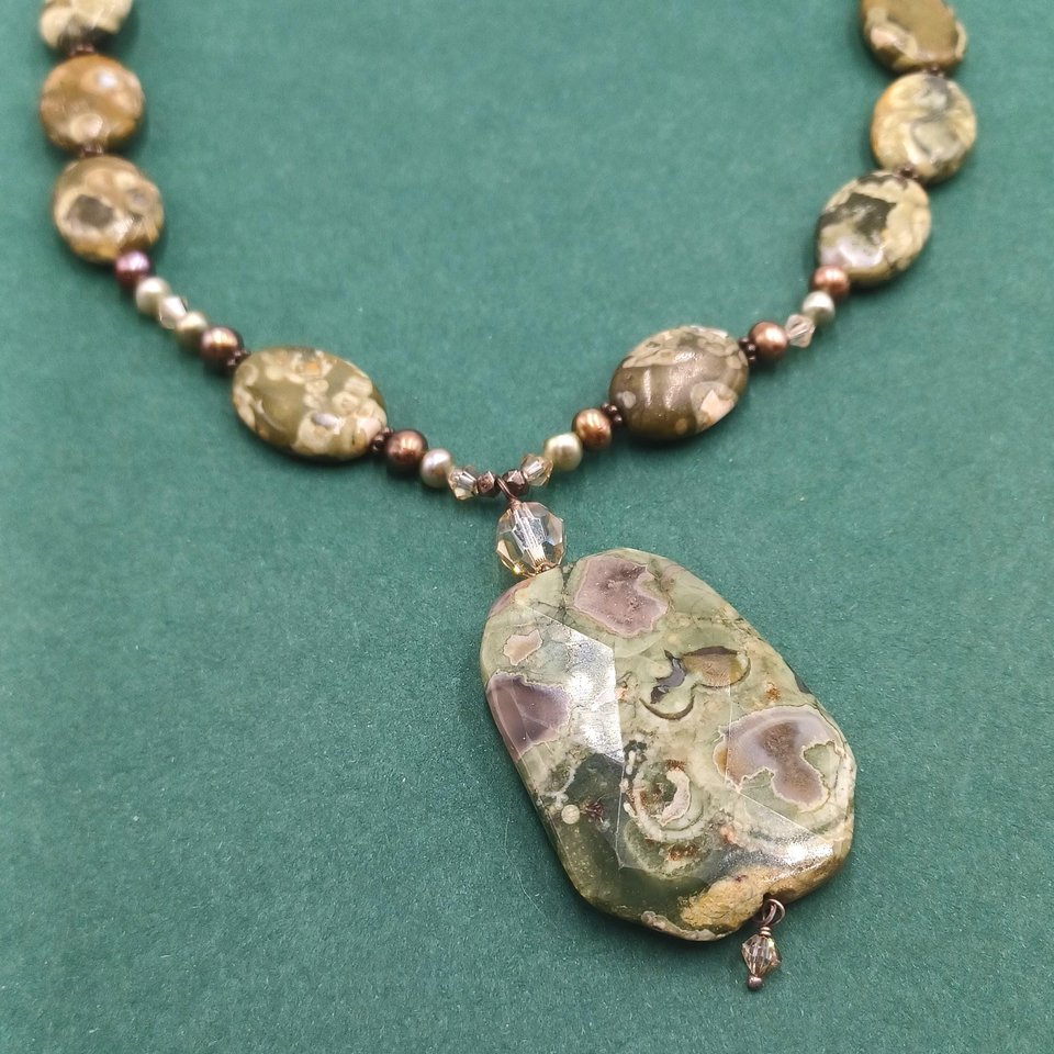 Gorgeous Rhyolite Natural Gemstone Pendant Beaded Necklace, Rainforest Jasper