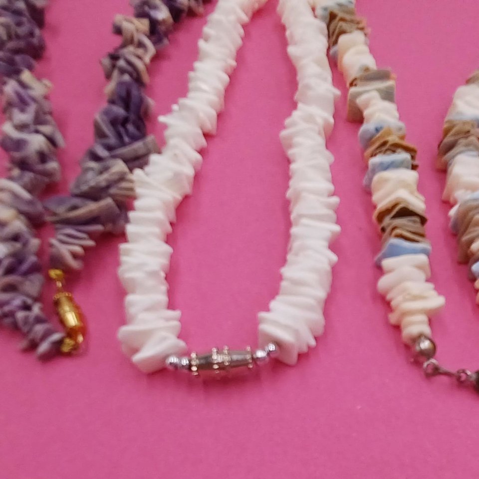 Set of 3 Tropical Seashells Beaded Necklaces, Vintage, Surfer Necklaces