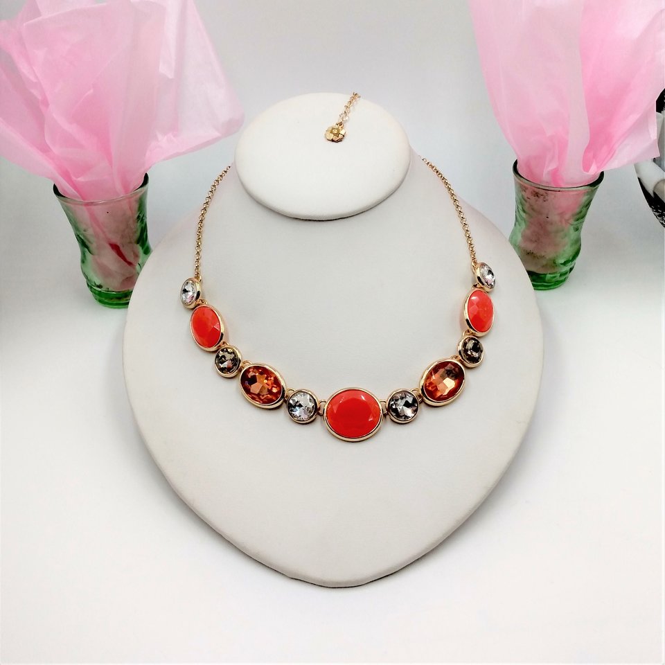 MONET Gold Tone Jeweled Rhinestone Statement Necklace, 80's Vintage