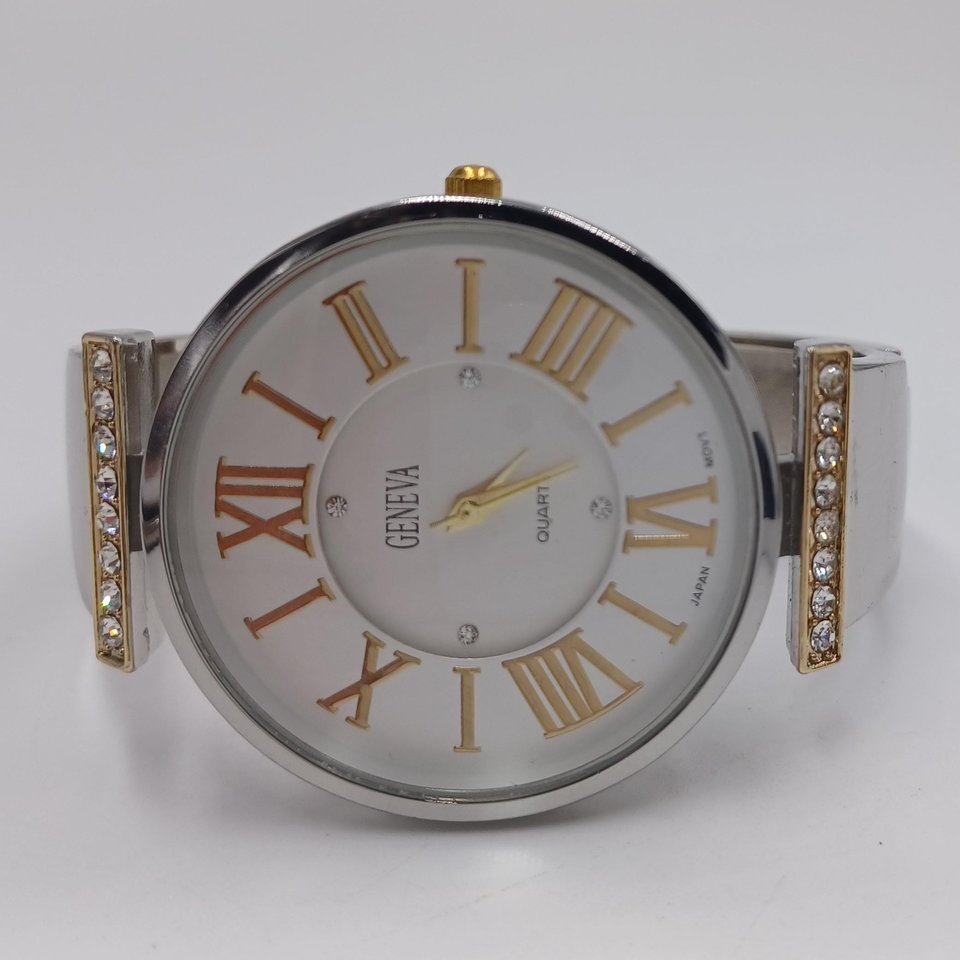 Vintage Geneva Silver and Gold Tone Clamper Bracelet Fashion Watch, Runs