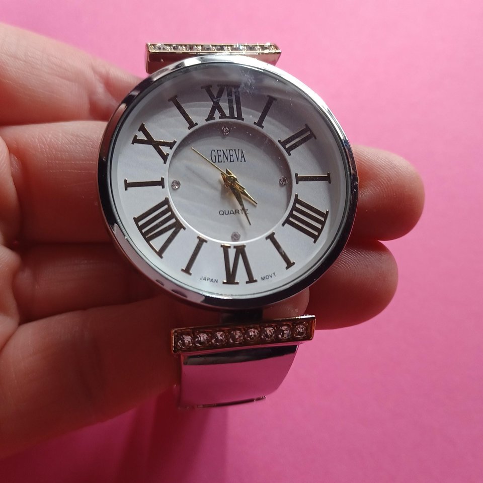 Vintage Geneva Silver and Gold Tone Clamper Bracelet Fashion Watch, Runs
