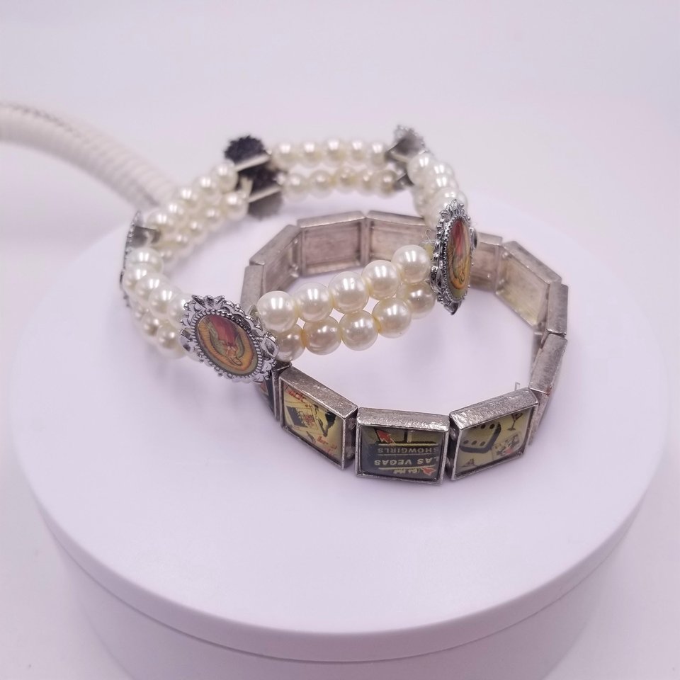 Two Vintage Rockabilly Stretch Bracelets, Faux Pearl and Las Vegas, Retro Bracelets