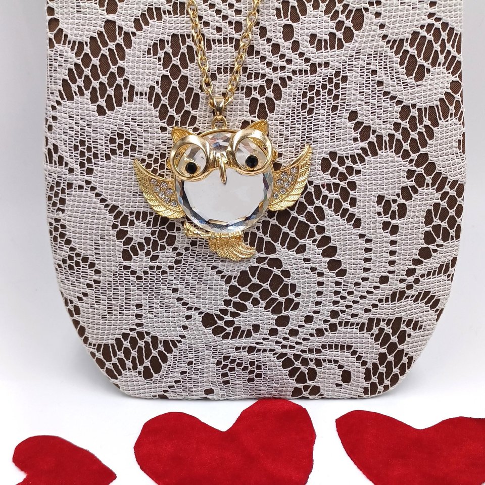 Gold Tone Large Fun Owl Mirror Pendant Necklace