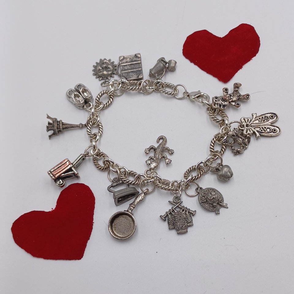 Vintage Silver Tone Random Charms Charm Bracelet, 15 Charms