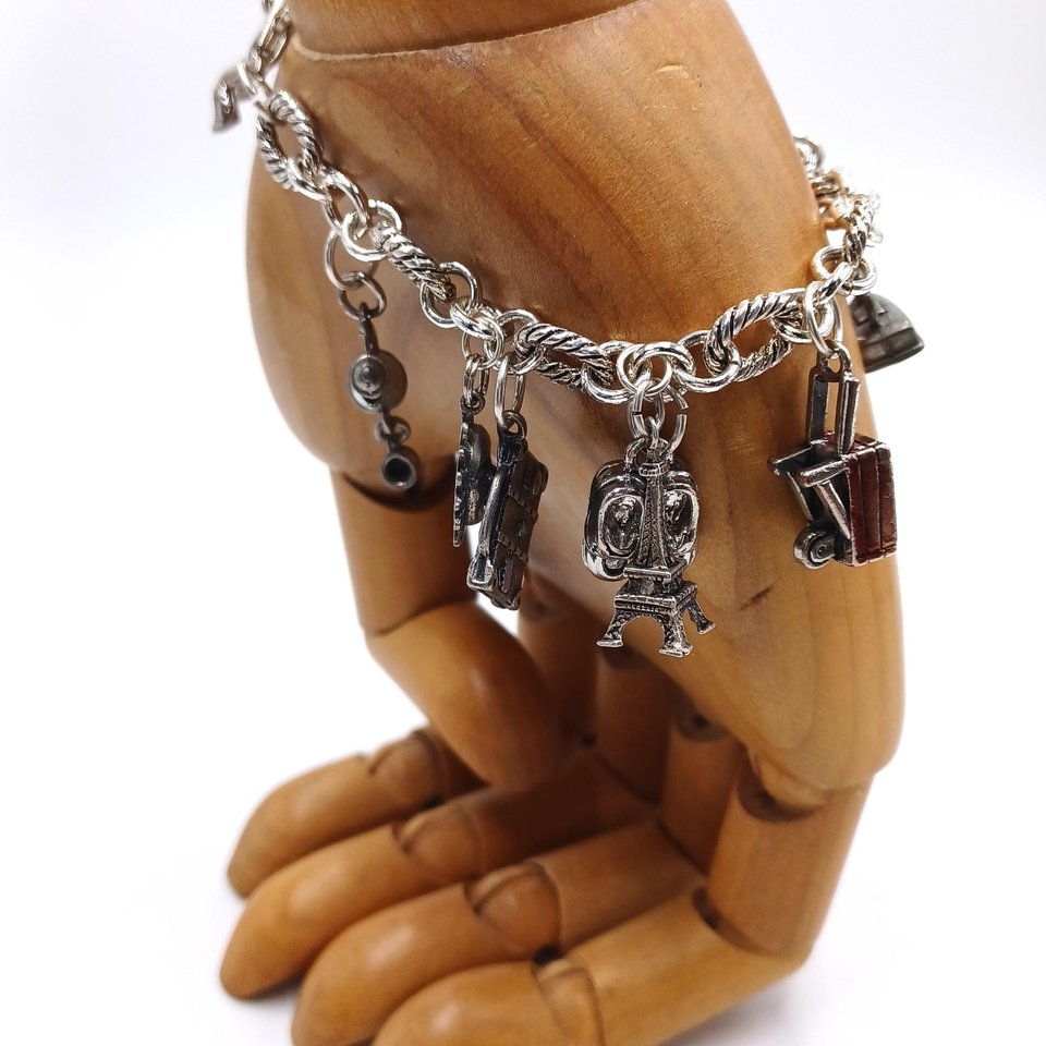 Vintage Silver Tone Random Charms Charm Bracelet, 15 Charms