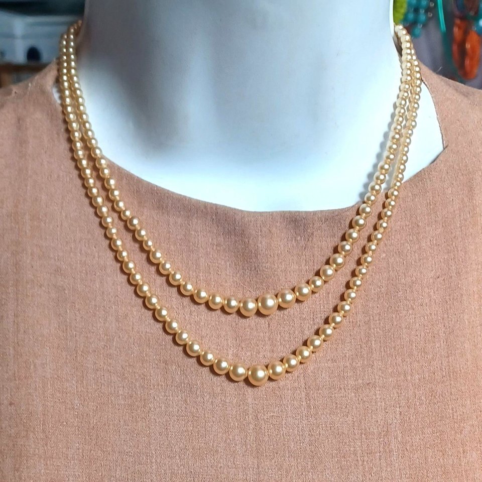 1950's Walker and Hill Dual Faux Pearls with Sterling Rhinestones Clasp Choker Necklace