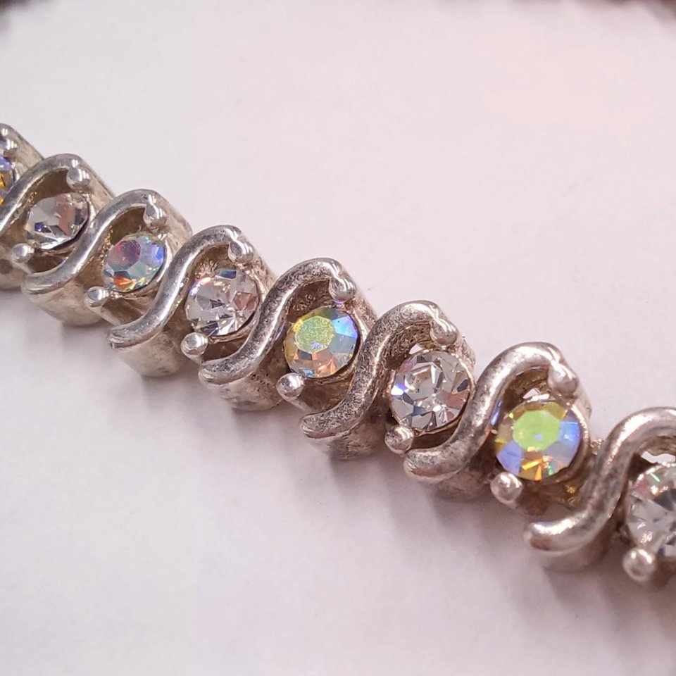 Mid Century Aurora Borealis Rhinestones Silver Tone Tennis Bracelet