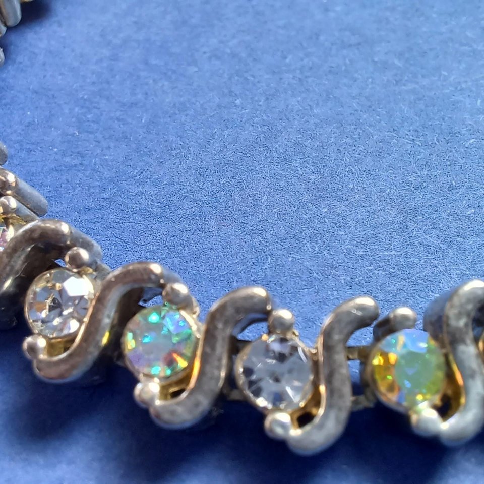 Mid Century Aurora Borealis Rhinestones Silver Tone Tennis Bracelet