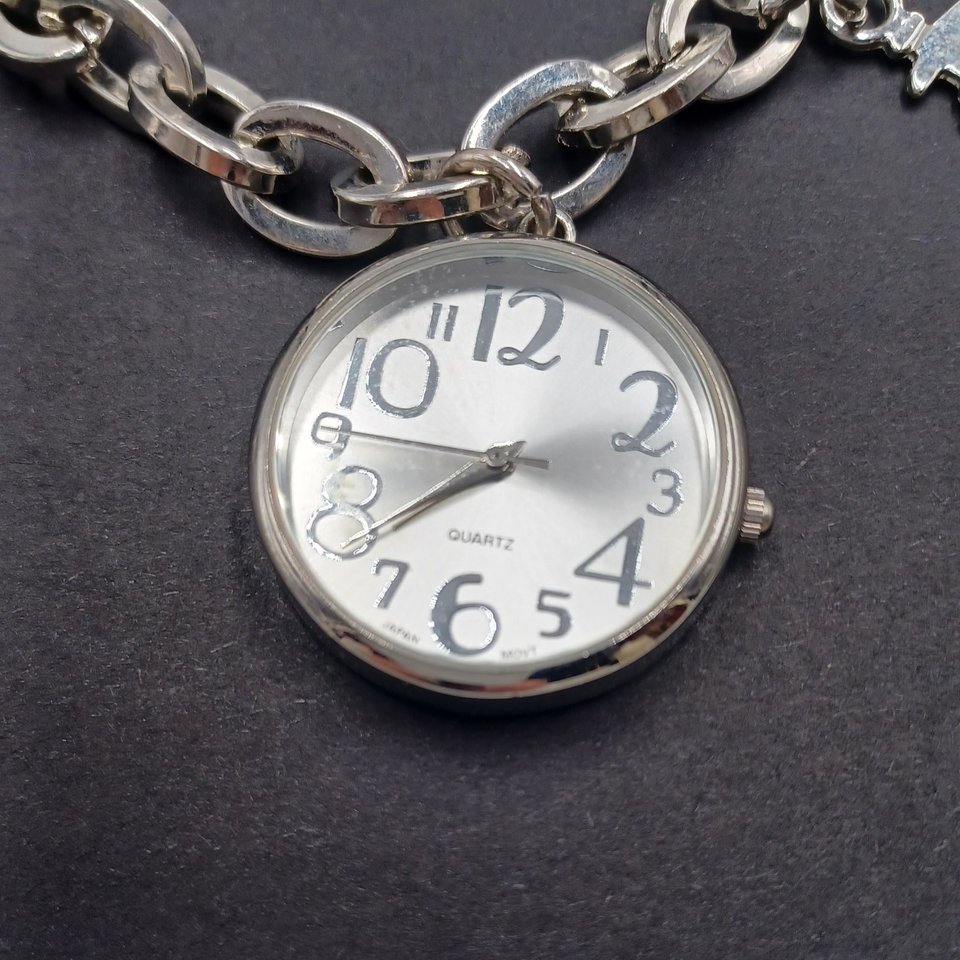 Fun Silver Tone Charm Bracelet Watch, Fashion Watch, New Battery