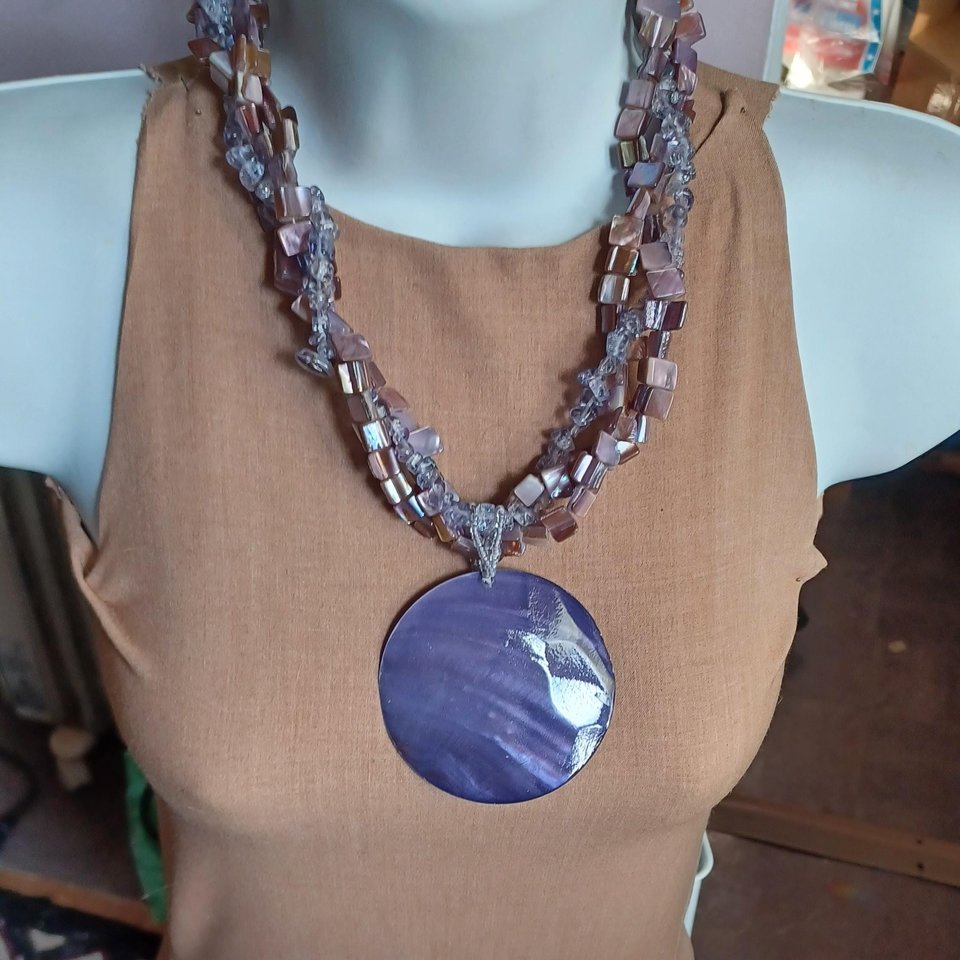 Purple Mother of Pearl Statement Necklace, Bracelet and Dangle Earrings Jewelry Set