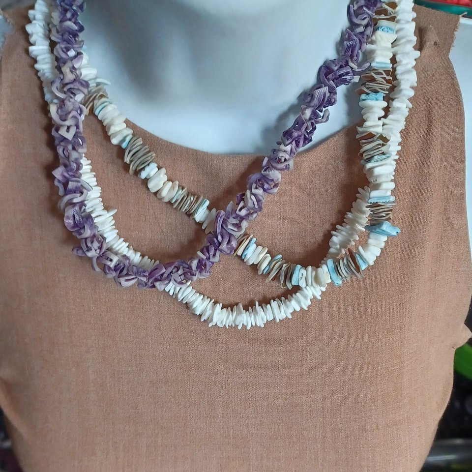 Set of 3 Tropical Seashells Beaded Necklaces, Vintage, Surfer Necklaces