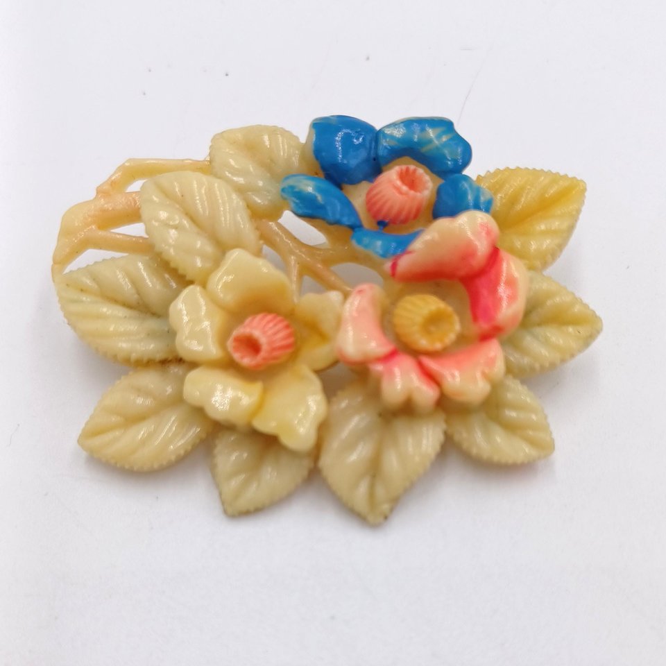 Vintage 1940's Celluloid Hand Painted Floral Brooch, Japan