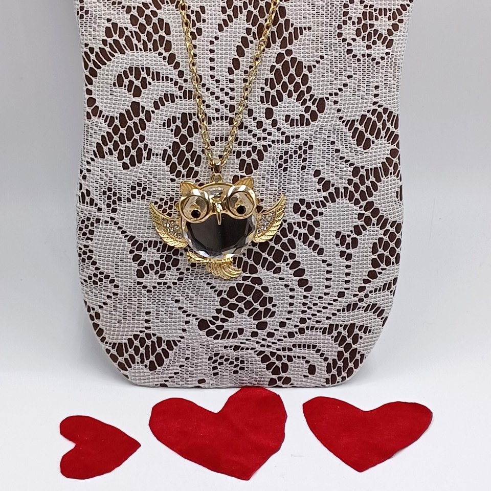 Gold Tone Large Fun Owl Mirror Pendant Necklace