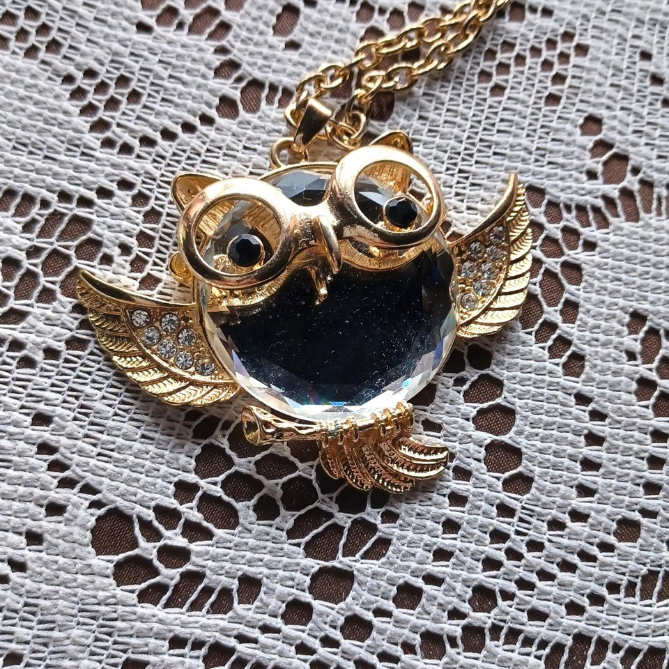 Gold Tone Large Fun Owl Mirror Pendant Necklace