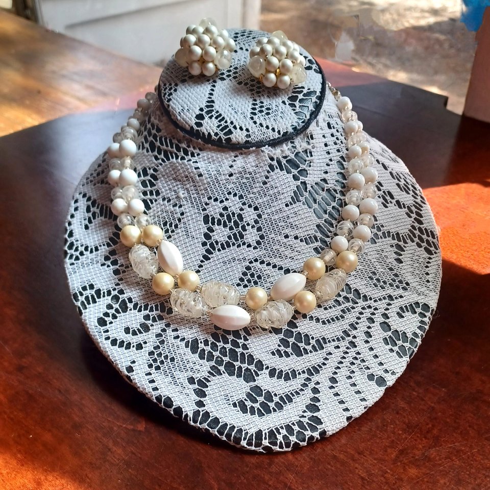 Vintage Matte White and Glass Beaded Multi Strand Choker Necklace and Clip-on Earrings Set