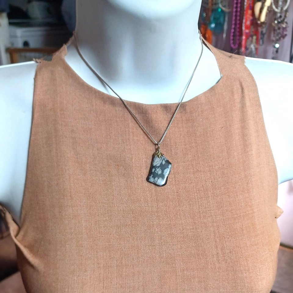 Natural Snowflake Obsidian Pendant and Sterling Silver Box Chain