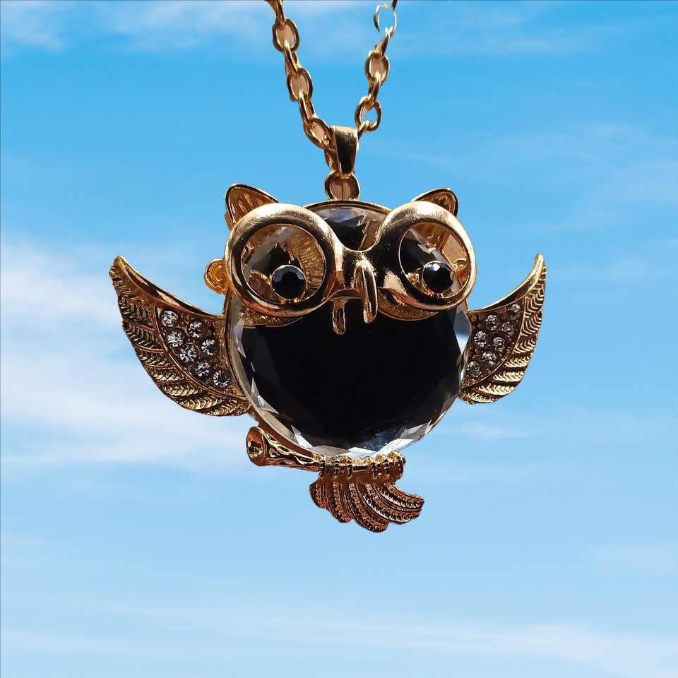 Gold Tone Large Fun Owl Mirror Pendant Necklace