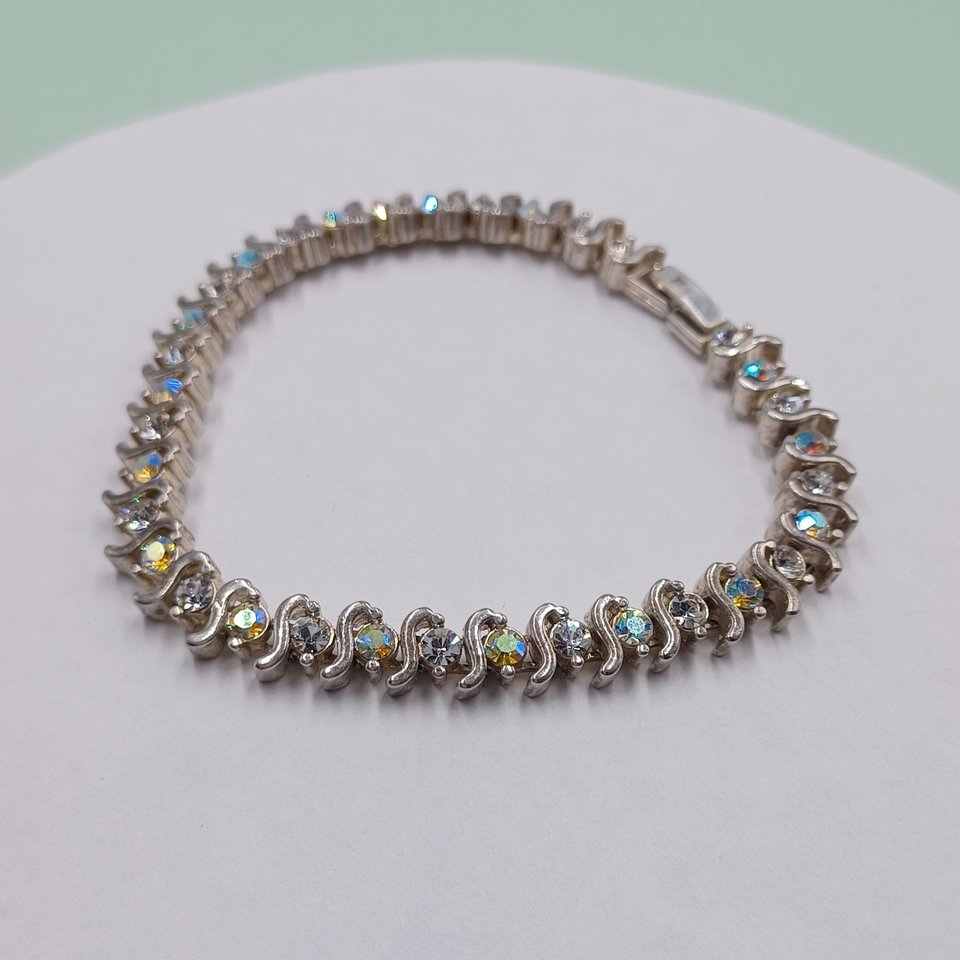 Mid Century Aurora Borealis Rhinestones Silver Tone Tennis Bracelet