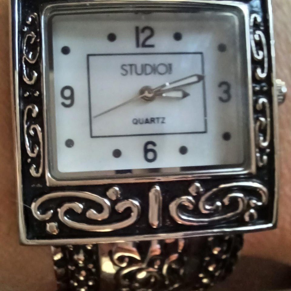 Studio Time Silver Tone Ornate Clamper Bracelet Wrist Watch, New Battery