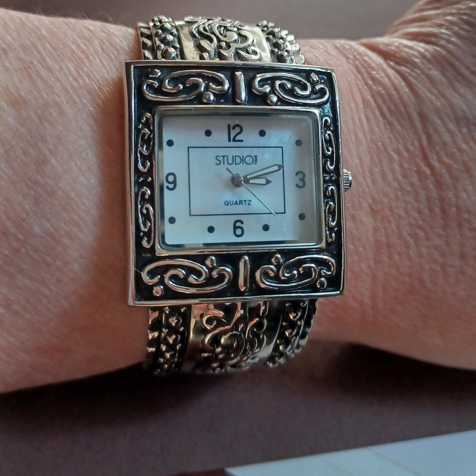 Studio Time Silver Tone Ornate Clamper Bracelet Wrist Watch, New Battery