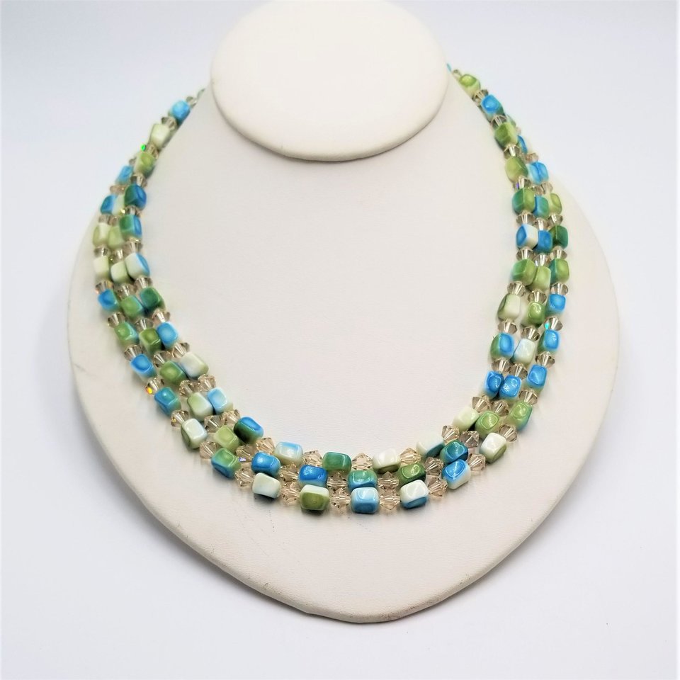 Mid Century Crystal, Teal and Neon Green Jewelry Set, Necklace Bracelets and Earrings