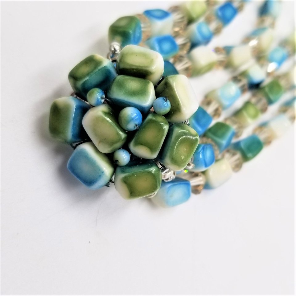 Mid Century Crystal, Teal and Neon Green Jewelry Set, Necklace Bracelets and Earrings
