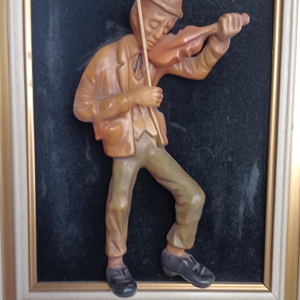 Vintage German Carved Wooden Fiddler in Frame, Home Decor, Unique Item, Vintage Art