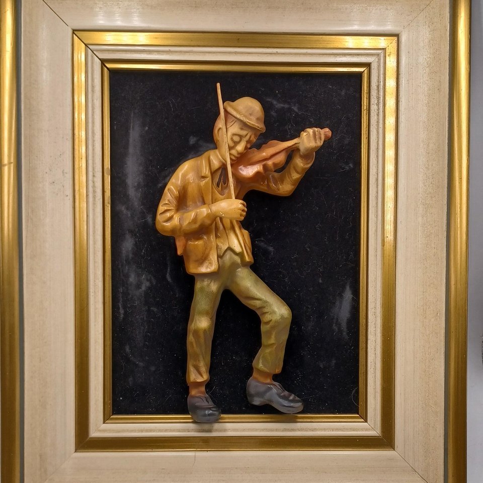 Vintage German Carved Wooden Fiddler in Frame, Home Decor, Unique Item, Vintage Art