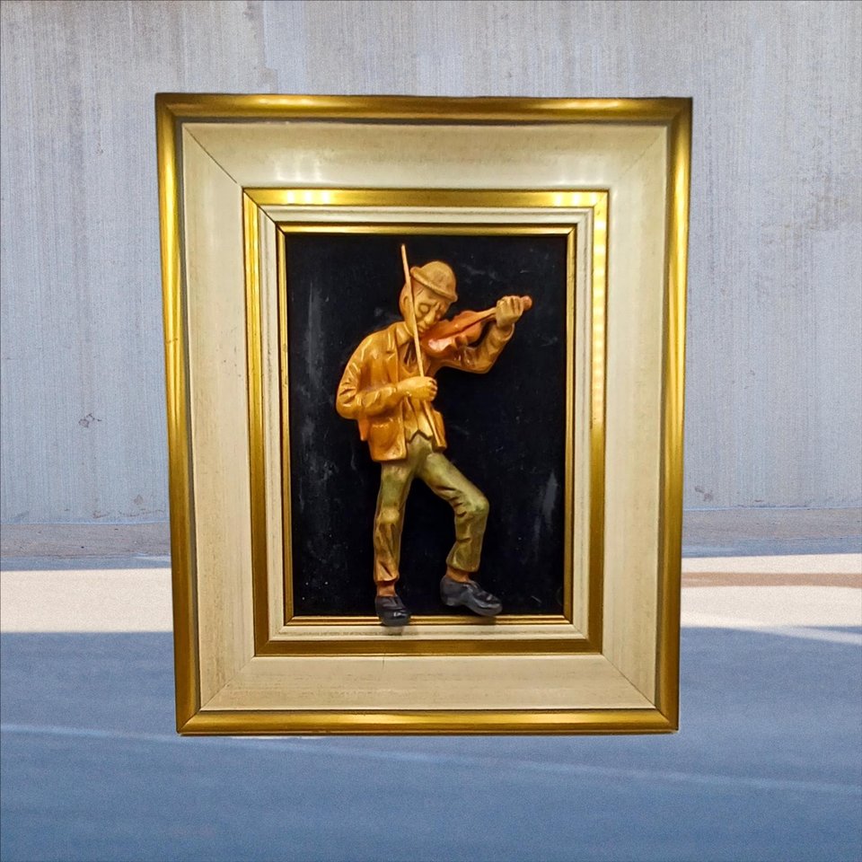 Vintage German Carved Wooden Fiddler in Frame, Home Decor, Unique Item, Vintage Art