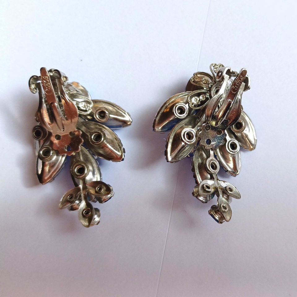 Vintage Signed Large Blue Rhinestones Brooch and Earrings Jewelry Set, Demi Parure