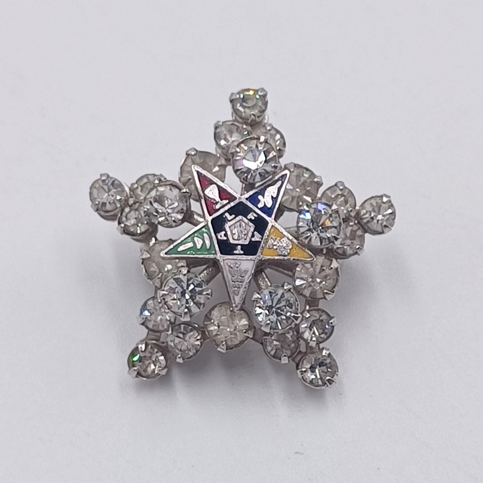 Vintage Rhinestone Order of the Eastern Star Silver Tone Brooch, OES Brooch