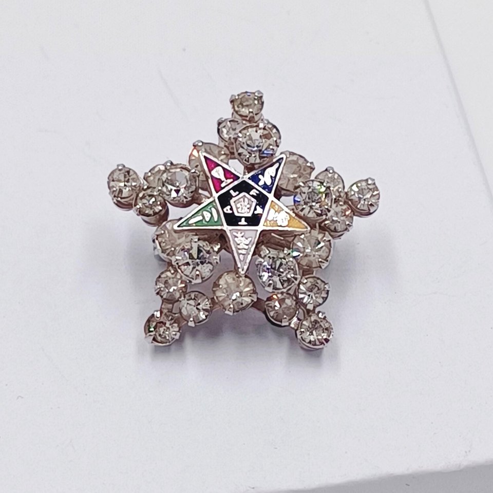 Vintage Rhinestone Order of the Eastern Star Silver Tone Brooch, OES Brooch
