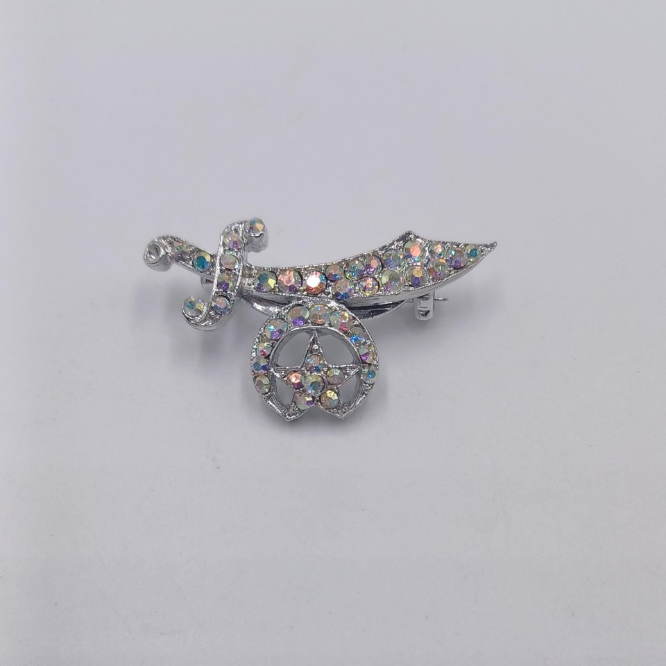 Shriner Masonic Scimitar Crescent & Star Over 30 AB Rhinestones Silver Tone Pin