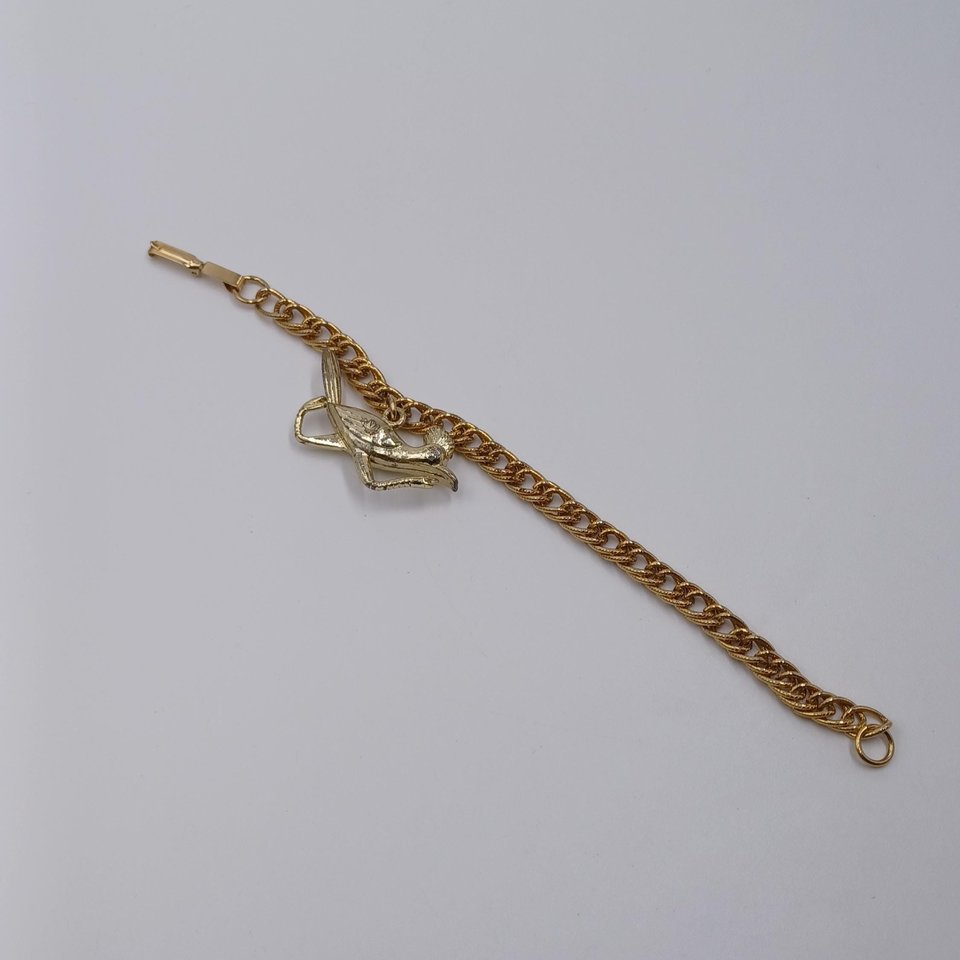Gold Tone Chain with Large Gold Roadrunner Charm Bracelet, Vintage, Southwestern