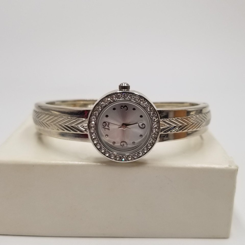 Ladies Silver Tone Round Rhinestones Clamper Bracelet Watch