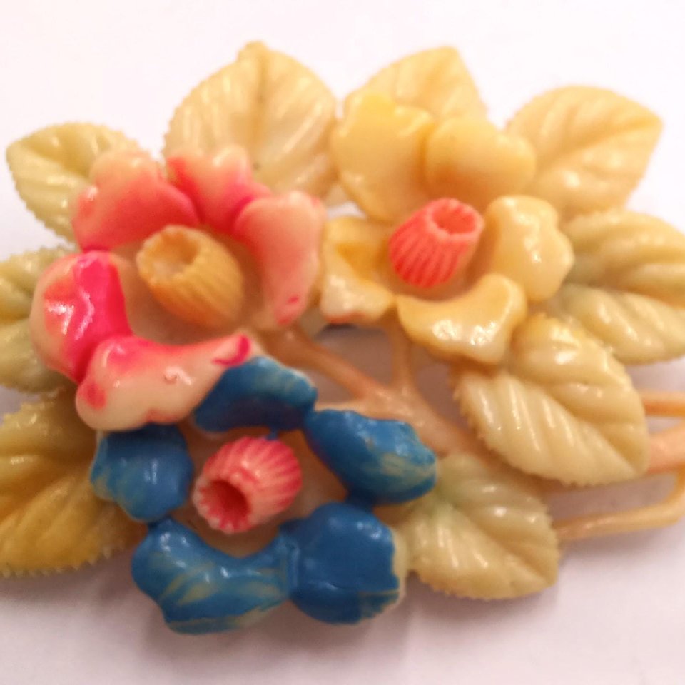 Vintage 1940's Celluloid Hand Painted Floral Brooch, Japan