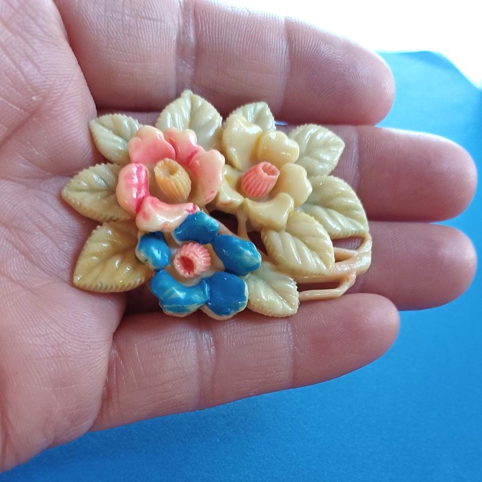 Vintage 1940's Celluloid Hand Painted Floral Brooch, Japan