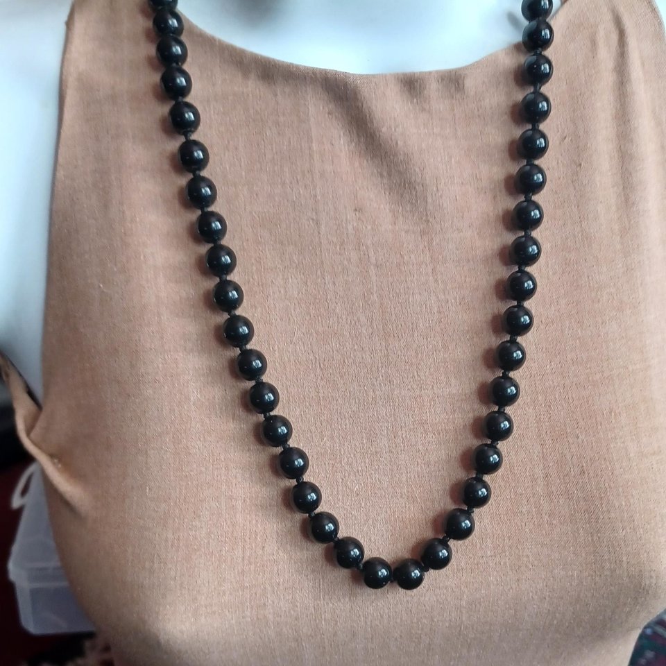 Heavy Black Knotted Stone Beads Vintage Necklace, Japan Necklace, Heavy