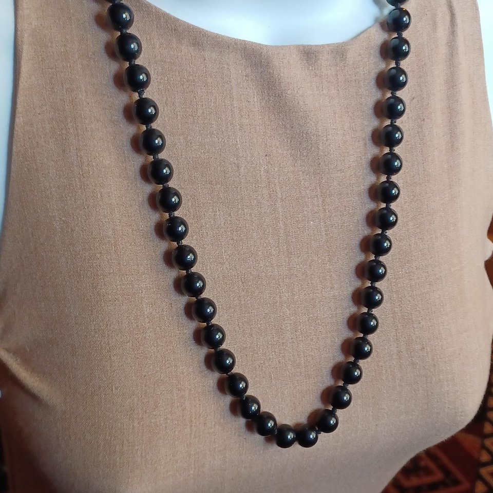 Heavy Black Knotted Stone Beads Vintage Necklace, Japan Necklace, Heavy