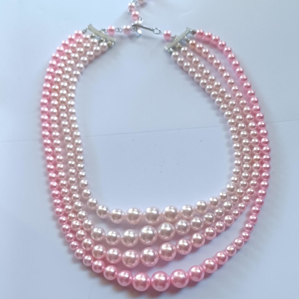 Vintage 1950's 4 Strand Powder Pink Faux Pearls Beaded Choker Necklace