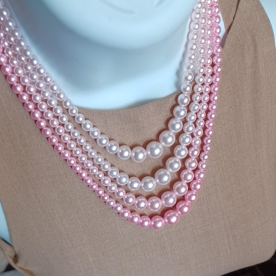 Vintage 1950's 4 Strand Powder Pink Faux Pearls Beaded Choker Necklace