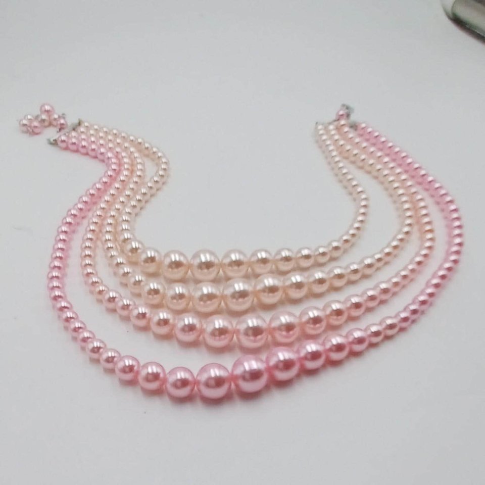 Vintage 1950's 4 Strand Powder Pink Faux Pearls Beaded Choker Necklace