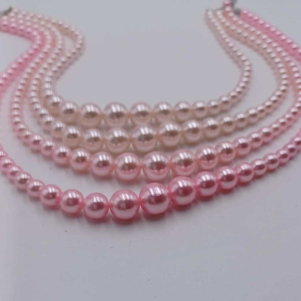 Vintage 1950's 4 Strand Powder Pink Faux Pearls Beaded Choker Necklace