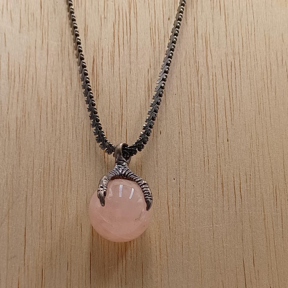 Vintage Sterling Silver Dragon Claw Rose Quartz Orb Pendant Necklace and Chain