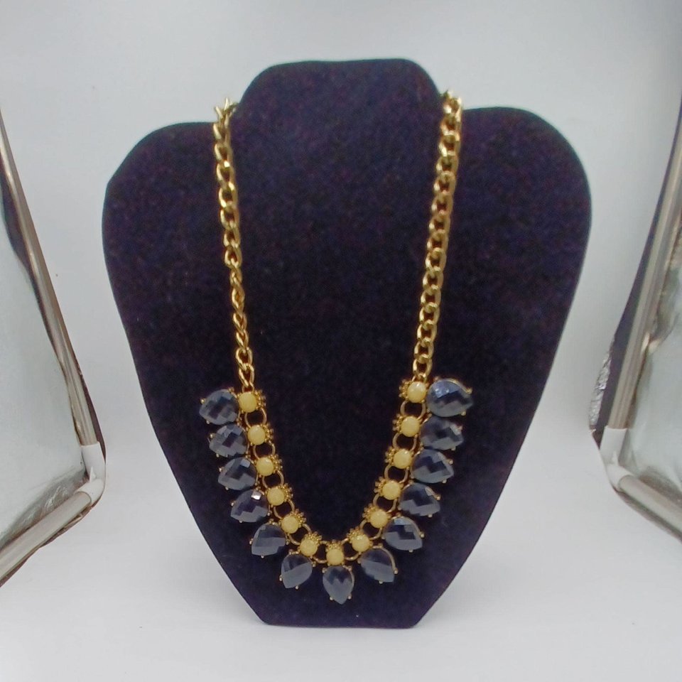Gold Tone with Faceted Black and Yellow Cabochons Statement Necklace